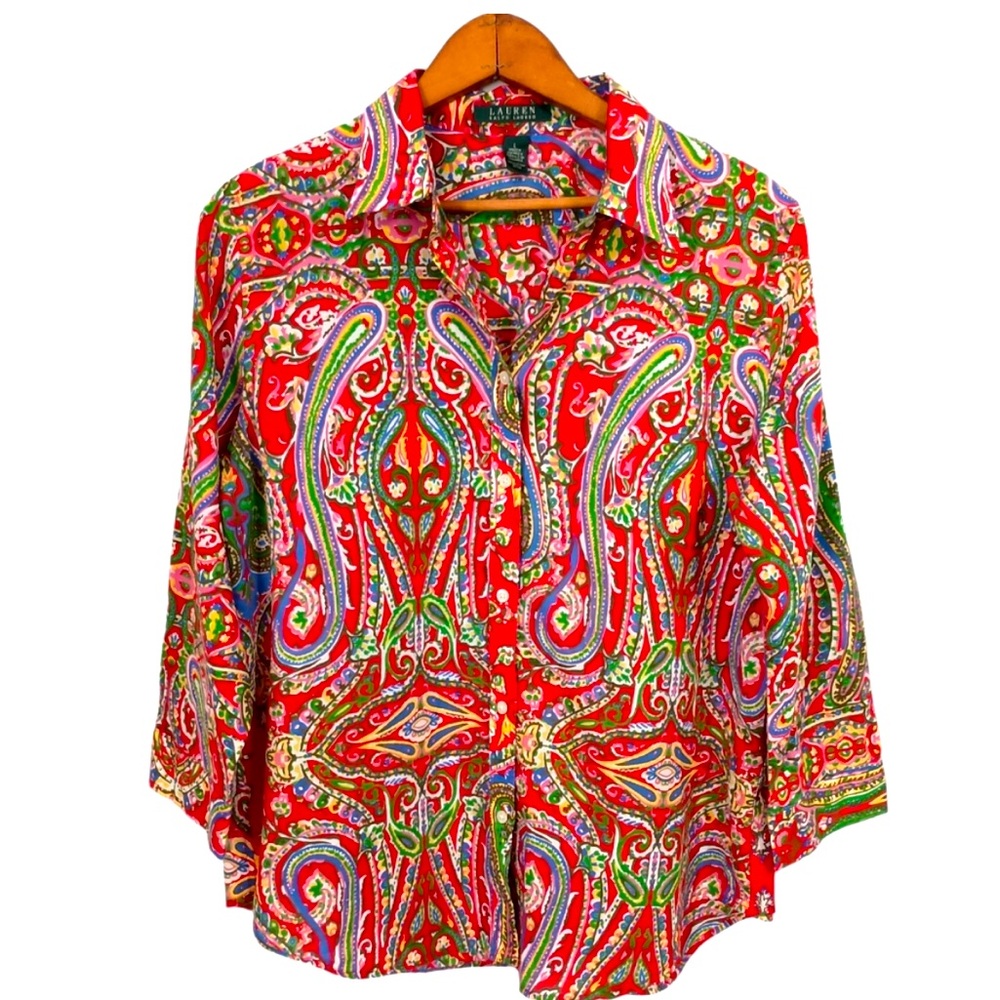Lauren Ralph Lauren Paisley Shirt L Womens Button Up Multicolor Colorful Mod
